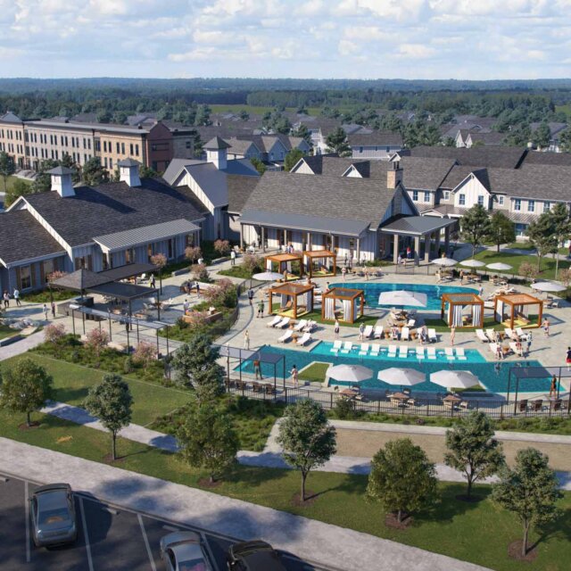 Rendering of Pool and Club House at Wild Air Landing apartments in zionsville