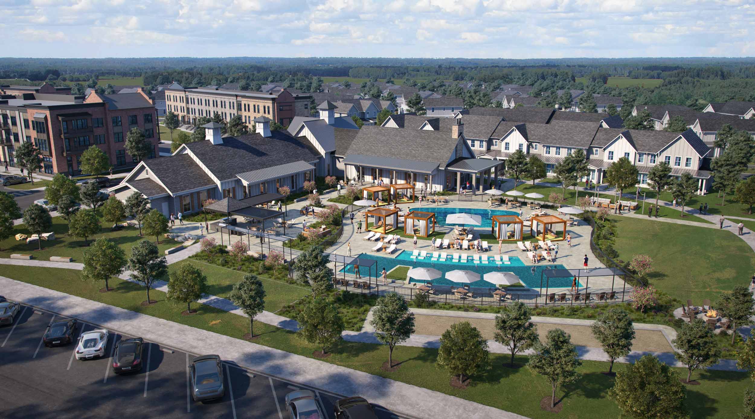 Rendering of Pool and Club House at Wild Air Landing apartments in zionsville